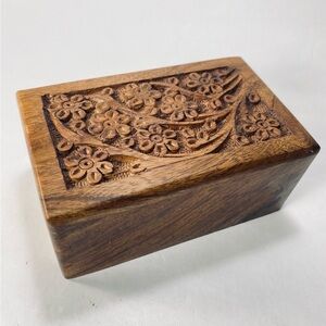 Handcarved Rosewood Wooden Hidden Box or Urn Box Bottom Slide Opening Floral #2